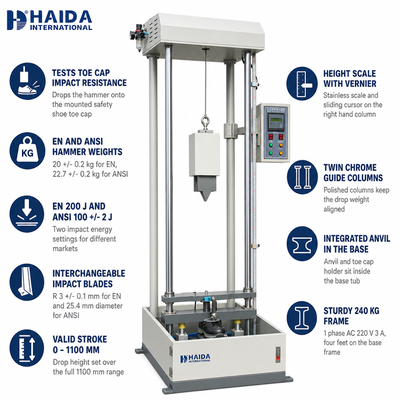 HAIDA Safety Footwear Impact Tester Toe Cap Impact Resistance Testing Machine EN ANSI Equipaggiamento standard per la prova delle scarpe