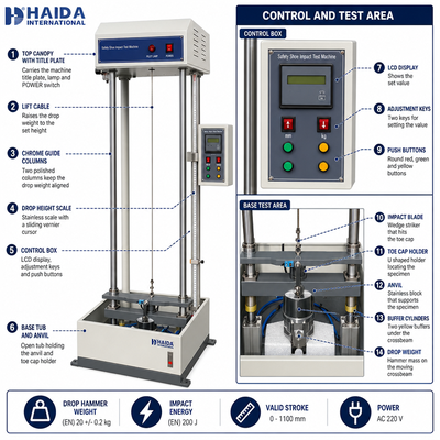 HAIDA Safety Footwear Impact Tester Toe Cap Impact Resistance Testing Machine EN ANSI Equipaggiamento standard per la prova delle scarpe