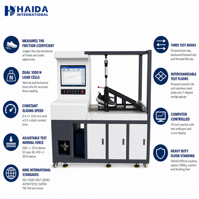 Macchina per il test del coefficiente di attrito della suola della scarpa HAIDA per test di resistenza allo scivolamento ISO 13287 ASTM F2913 Apparecchiature per test di scarpe